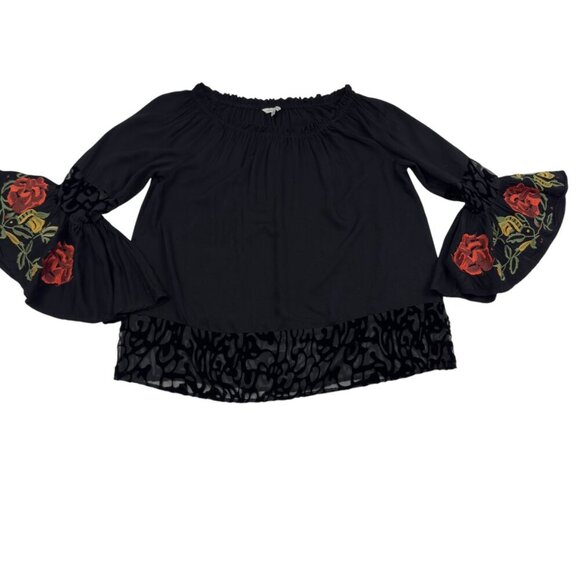 John Mark Rayon/Velvet Embroidered Boho Ruffle Sleeve Off The Shoulder Top SZ M - Picture 1 of 8